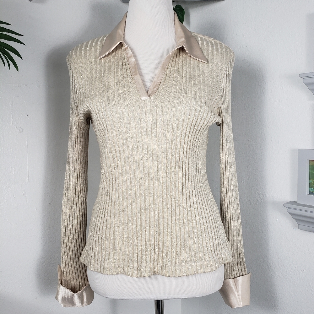 Chapter One Tan Rib Knit w/Satin Collar & French Cuffs - Classic Normcore Large